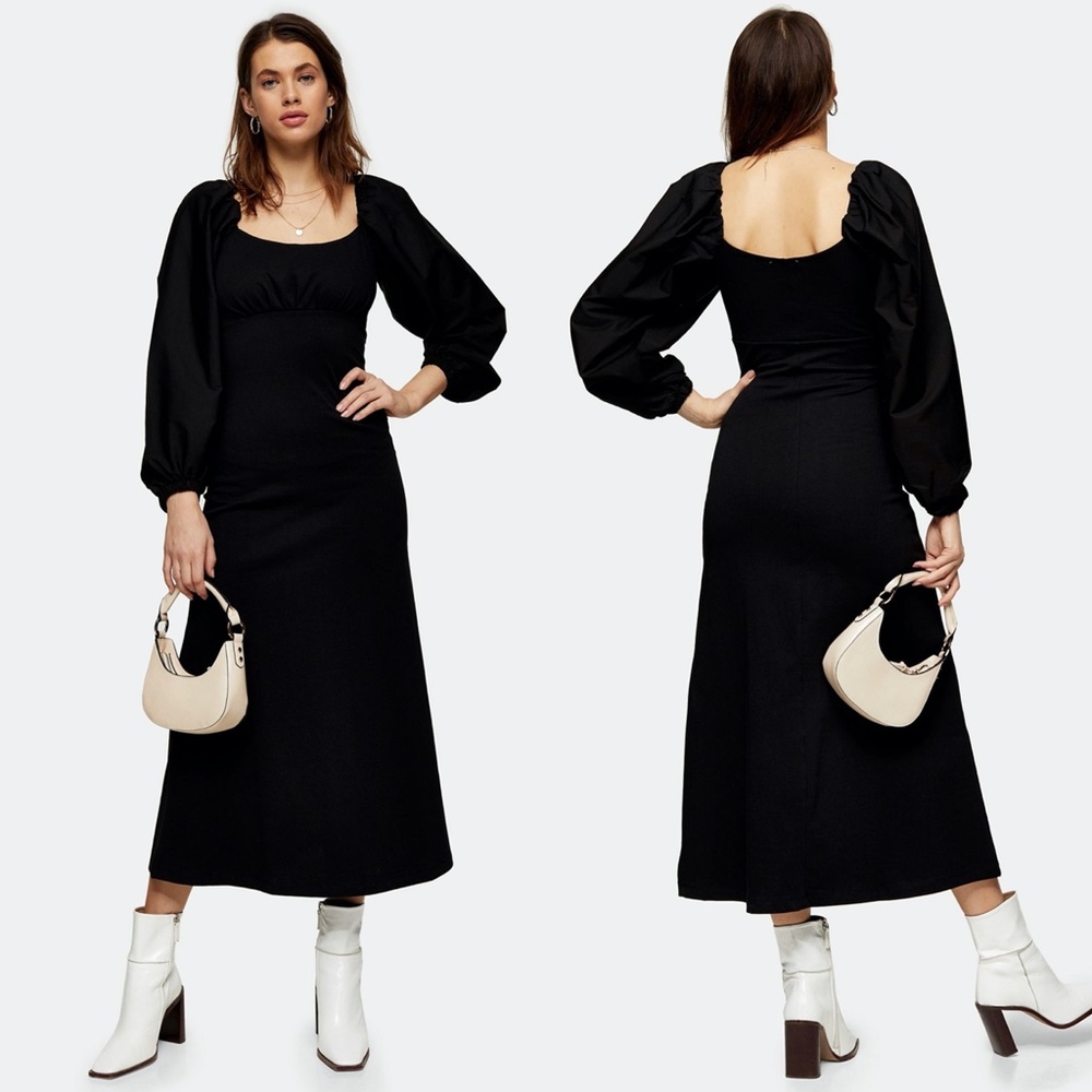 NEW TOPSHOP Black POPLIN MIX Side Slit PEASANT GOTH Midi DRESS US 6
